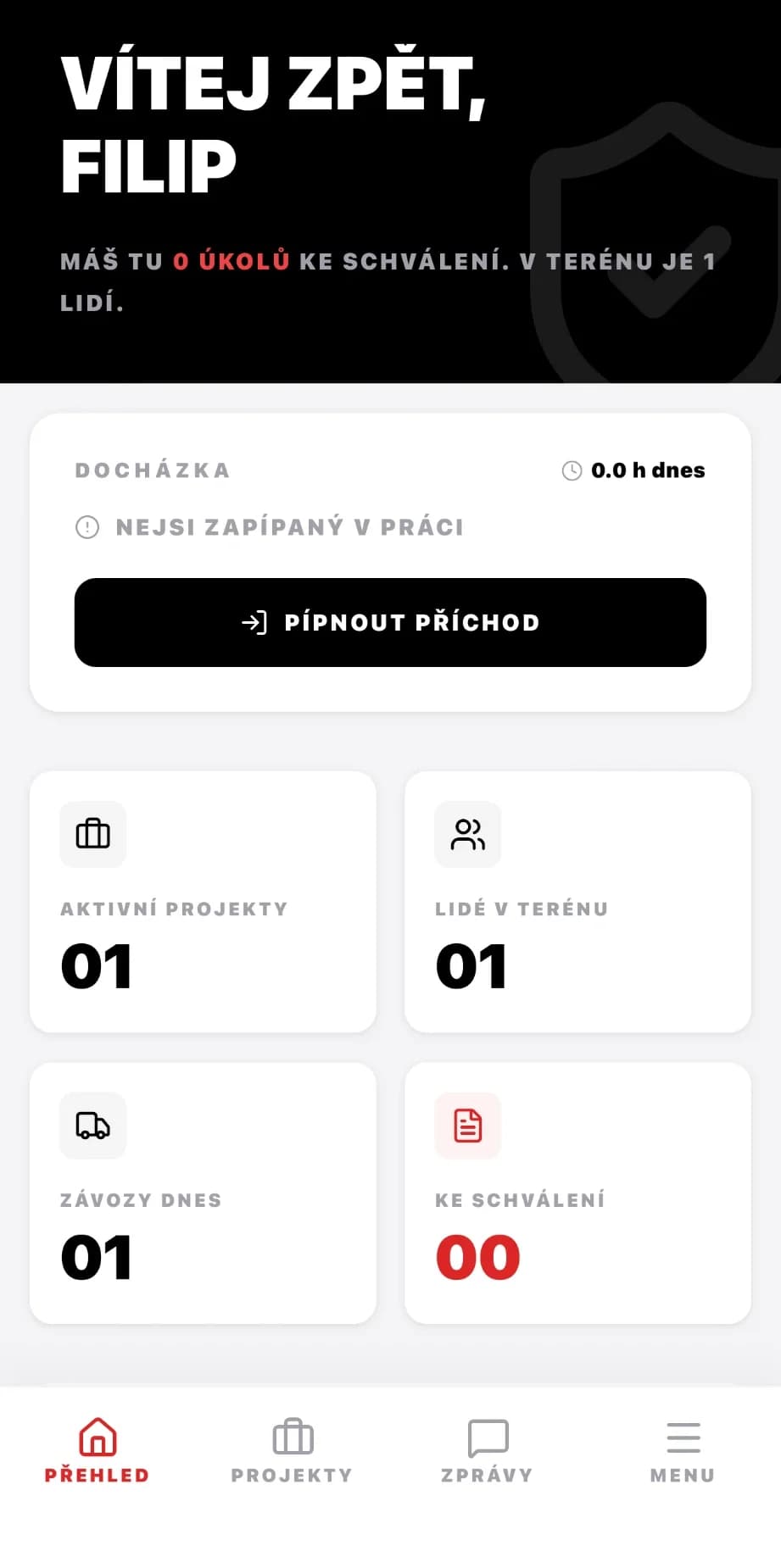 JAMICH SYSTEM v mobilu: docházka s tlačítkem Pípnout příchod