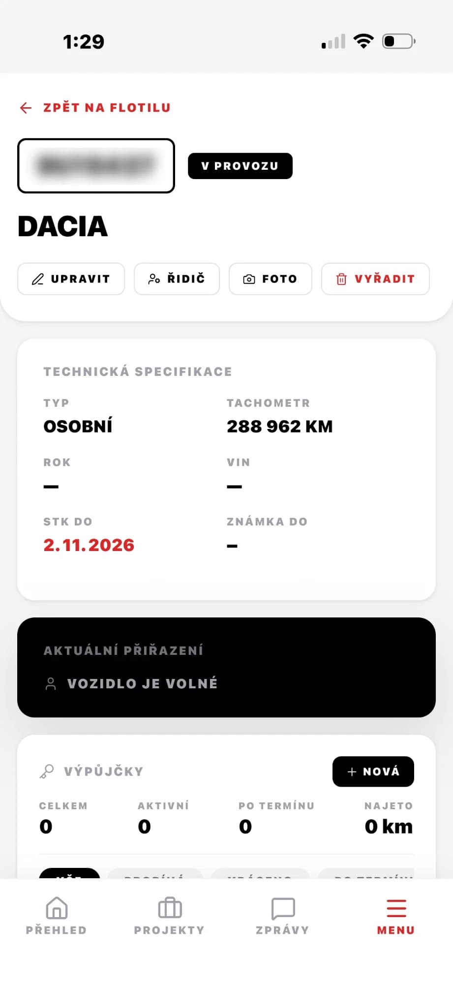 JAMICH SYSTEM v mobilní aplikaci: karta firemního auta s tachometrem, termínem STK a výpůjčkami